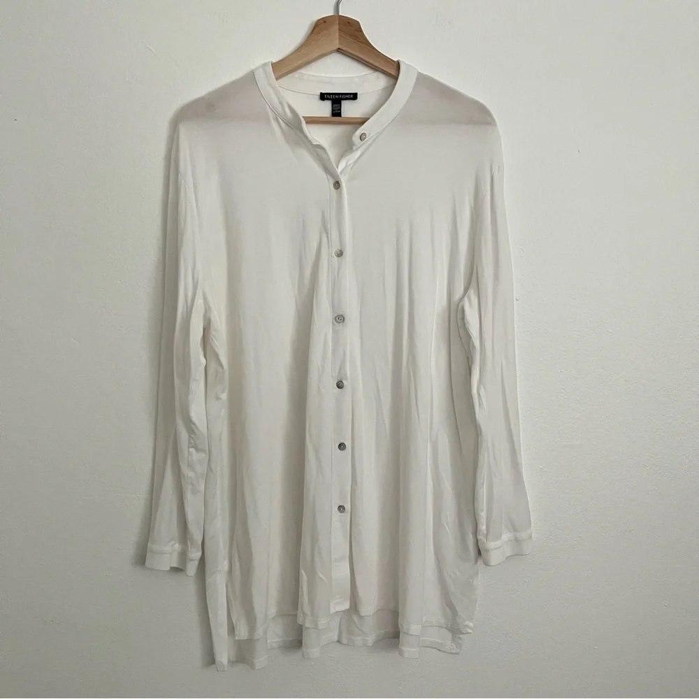 Eileen Fisher White Tencel blend v-neck Button Front Long Sleeve Tunic Shirt L